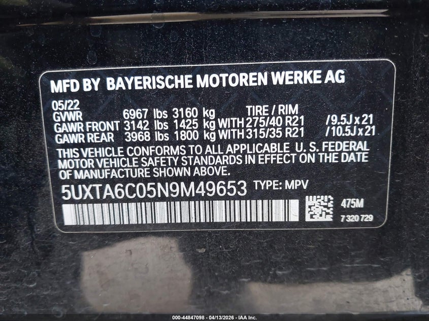 2022 BMW X5 VIN 5UXTA6C05N9M49653 IAAI salvage auction — FRONT END, Salvage (California), sold $19,150 on 2026-07-06 (photo 9)