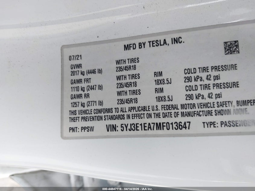 2021 Tesla Model 3 VIN 5YJ3E1EA7MF013647 IAAI salvage auction — FRONT END, Wait Title, sold $6,500 on 2026-07-19 (photo 9)