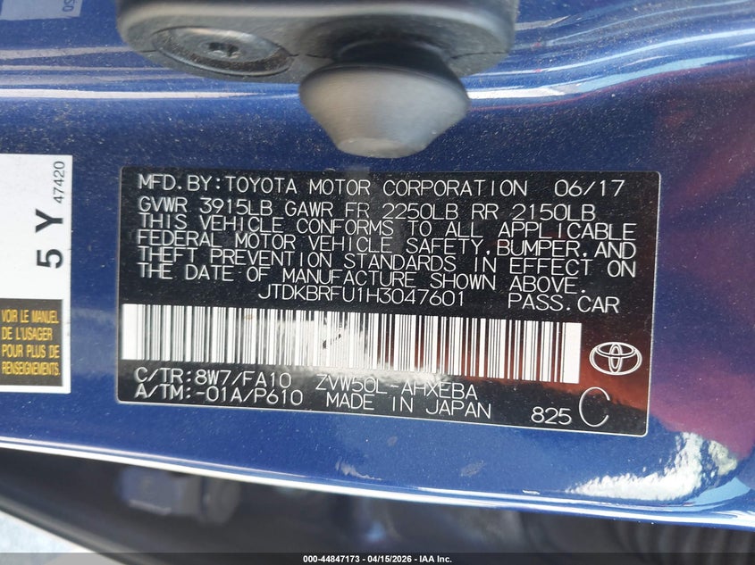2017 Toyota Prius VIN JTDKBRFU1H3047601 IAAI salvage auction — FRONT & REAR, Non-Repairable (California), sold $1,800 on 2026-07-28 (photo 9)