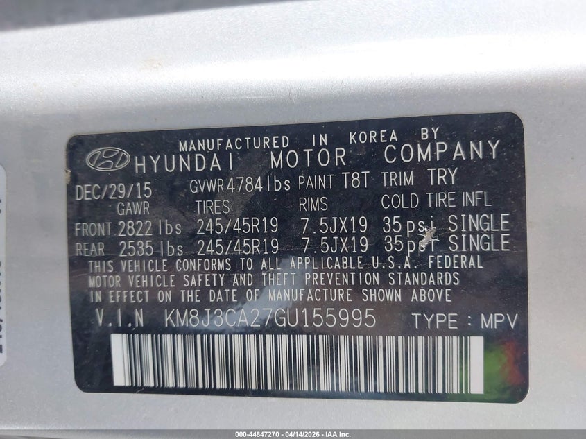 2016 Hyundai Tucson VIN KM8J3CA27GU155995 IAAI salvage auction — FRONT END, Salvage (Arizona), sold $1,750 on 2026-07-28 (photo 9)