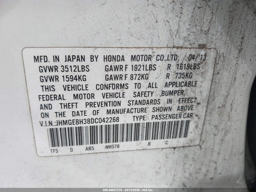 2013 Honda Fit VIN JHMGE8H38DC042268 IAAI salvage auction — REAR END, Wait Title, sold $100 on 2026-07-14 (photo 9)