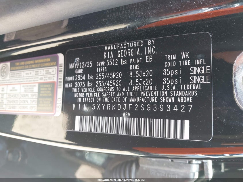 2025 Kia Sorento VIN 5XYRKDJF2SG393427 IAAI salvage auction — FRONT END, Salvage - 75% Or Less (Maryland), sold $12,700 on 2026-07-24 (photo 9)