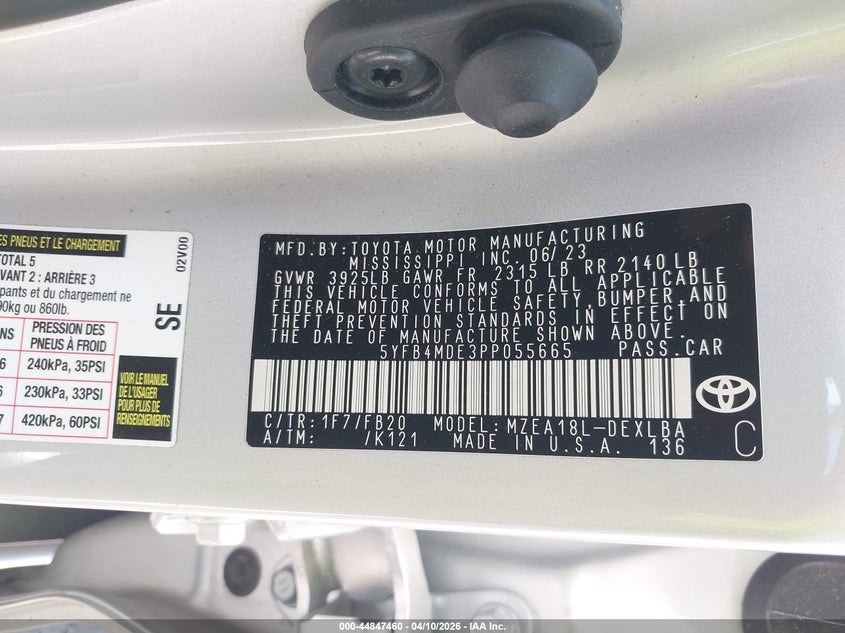 2023 Toyota Corolla VIN 5YFB4MDE3PP055665 IAAI salvage auction — FRONT & REAR, Salvage (Georgia), sold $4,250 on 2026-07-17 (photo 9)