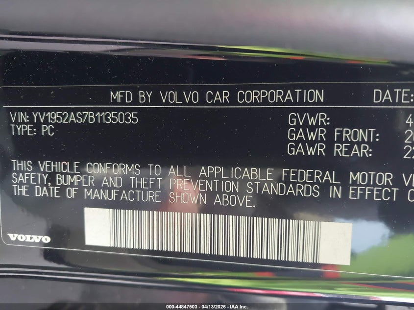 2011 Volvo S80 VIN YV1952AS7B1135035 IAAI salvage auction — NORMAL WEAR, Repossession Paperwork (Georgia), sold $1,100 on 2026-07-08 (photo 9)