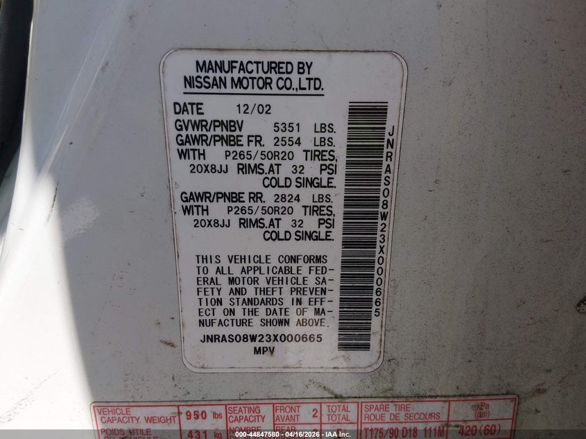 2003 Infiniti Fx35 VIN JNRAS08W23X000665 IAAI salvage auction — SIDE, Repossession Paperwork (South Carolina), sold $225 on 2026-07-08 (photo 9)