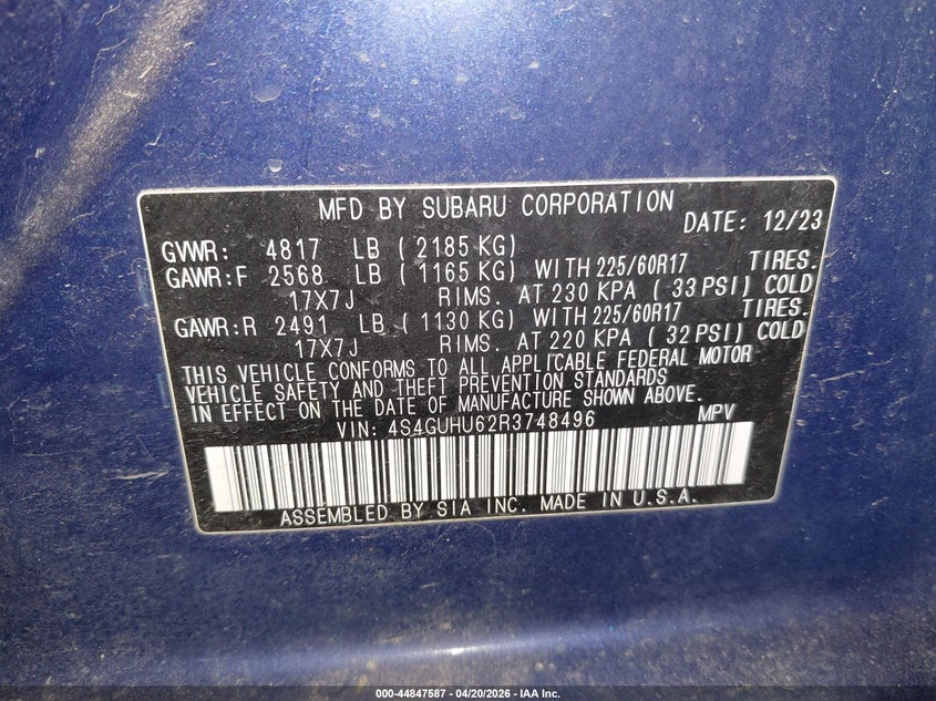 2024 Subaru Xv VIN 4S4GUHU62R3748496 IAAI salvage auction — FRONT END, Salvage (Missouri), sold $6,500 on 2026-08-27 (photo 9)