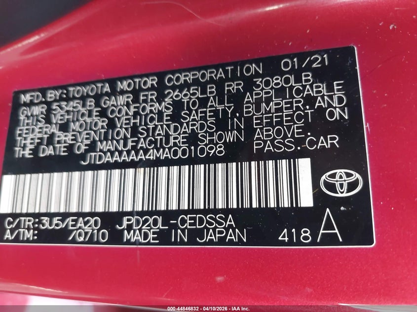 2021 Toyota Mirai VIN JTDAAAAA4MA001098 IAAI salvage auction — RIGHT REAR, Wait Title, sold $25 on 2026-07-22 (photo 9)