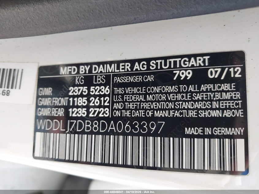 2013 Mercedes-benz Cls-klasse VIN WDDLJ7DB8DA063397 IAAI salvage auction — FRONT END, Wait Title, sold $6,100 on 2026-07-19 (photo 9)