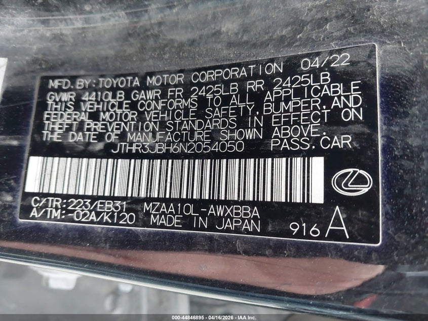 2022 Lexus Ux VIN JTHR3JBH6N2054050 IAAI salvage auction — FRONT & REAR, Wait Title, sold $2,250 on 2026-07-21 (photo 9)