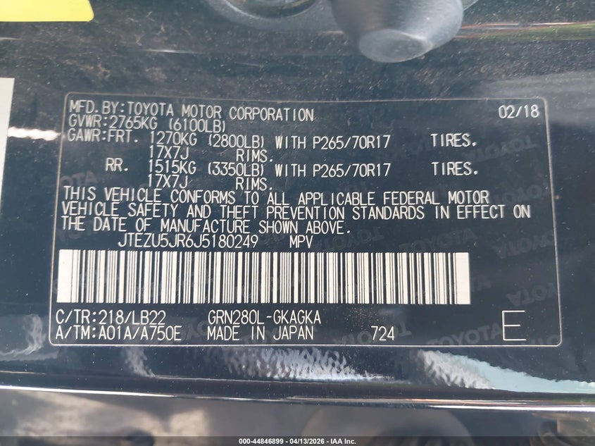 2018 Toyota 4runner VIN JTEZU5JR6J5180249 IAAI salvage auction — FRONT END, Original (Texas), sold $8,500 on 2026-07-07 (photo 9)
