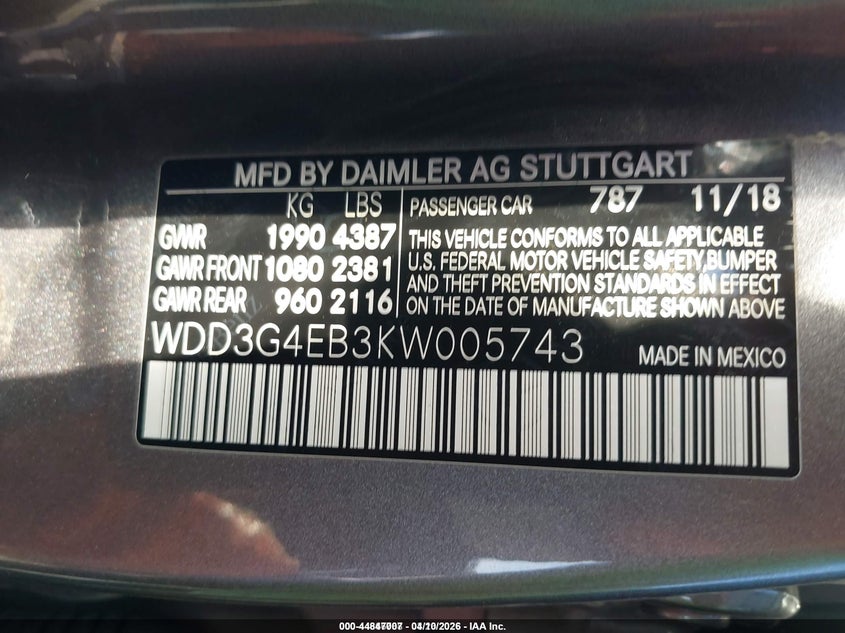 2019 Mercedes-benz A-klasse VIN WDD3G4EB3KW005743 IAAI salvage auction — FRONT END, Salvage Title, sold $1,600 on 2026-07-21 (photo 9)