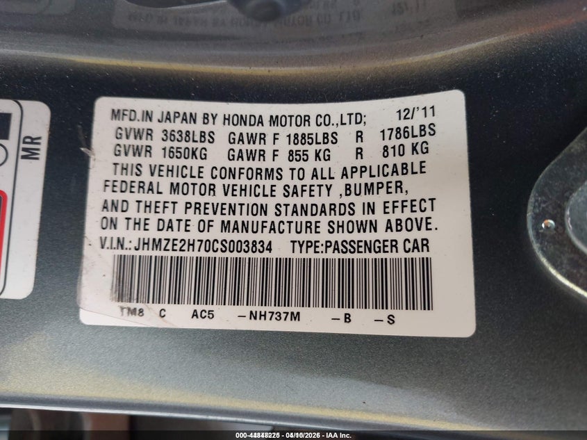 2012 Honda Insight VIN JHMZE2H70CS003834 IAAI salvage auction — FRONT END, Salvage Title, sold $225 on 2026-07-07 (photo 9)