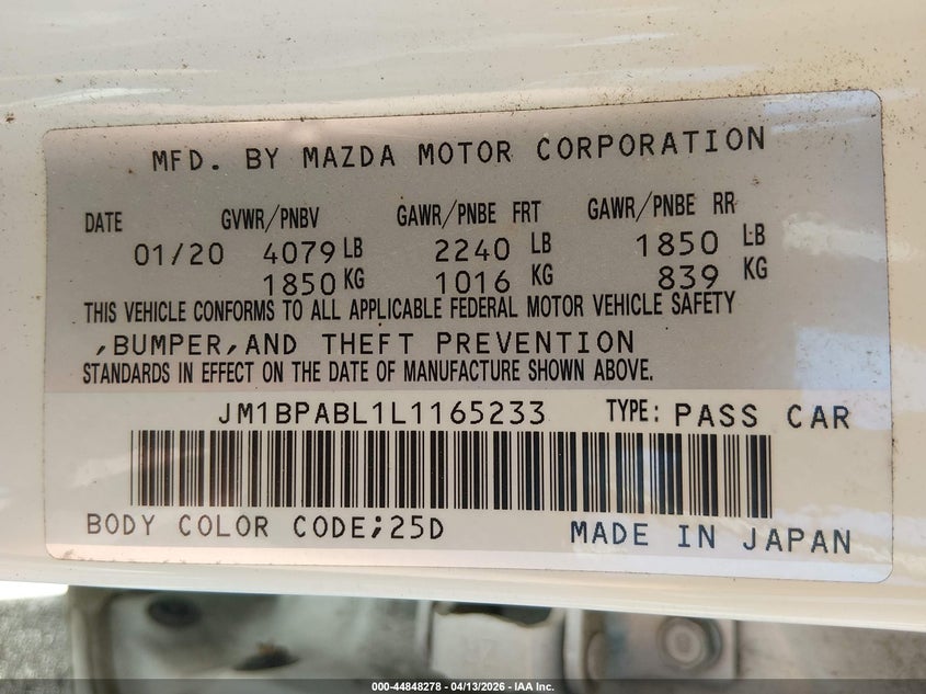 2020 Mazda 3 VIN JM1BPABL1L1165233 IAAI salvage auction — ALL OVER, Salvage Title, sold $2,750 on 2026-07-26 (photo 9)