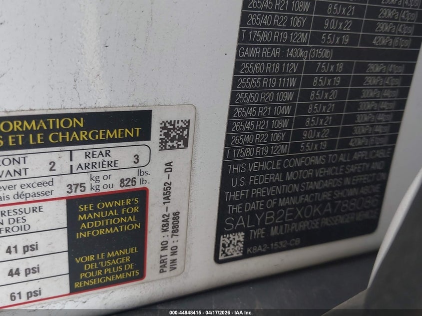 2019 Land rover Range rover velar VIN SALYB2EX0KA788086 IAAI salvage auction — FRONT END, Salvage (Idaho), sold $7,600 on 2026-08-01 (photo 9)