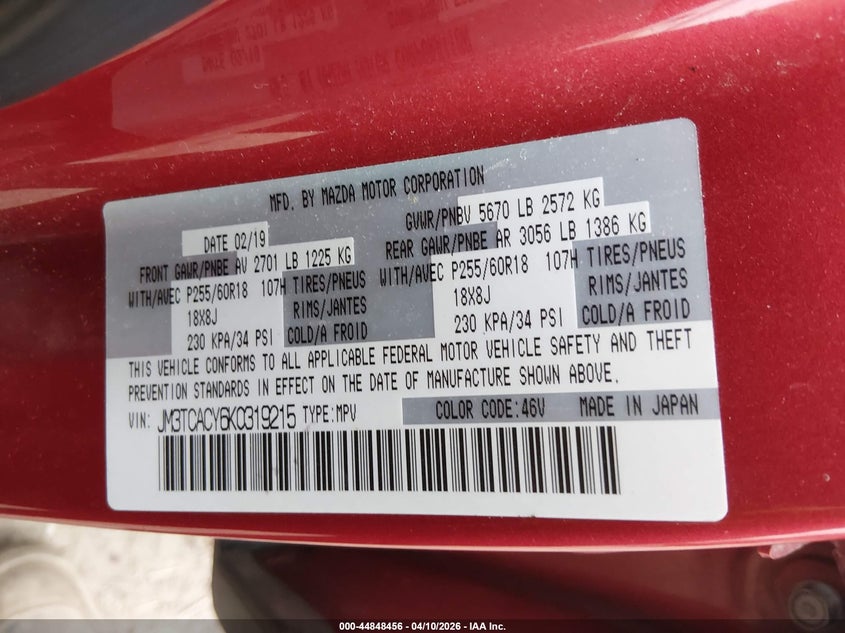 2019 Mazda Cx-9 VIN JM3TCACY6K0319215 IAAI salvage auction — FRONT END, Salvage Title, sold $3,250 on 2026-07-22 (photo 9)