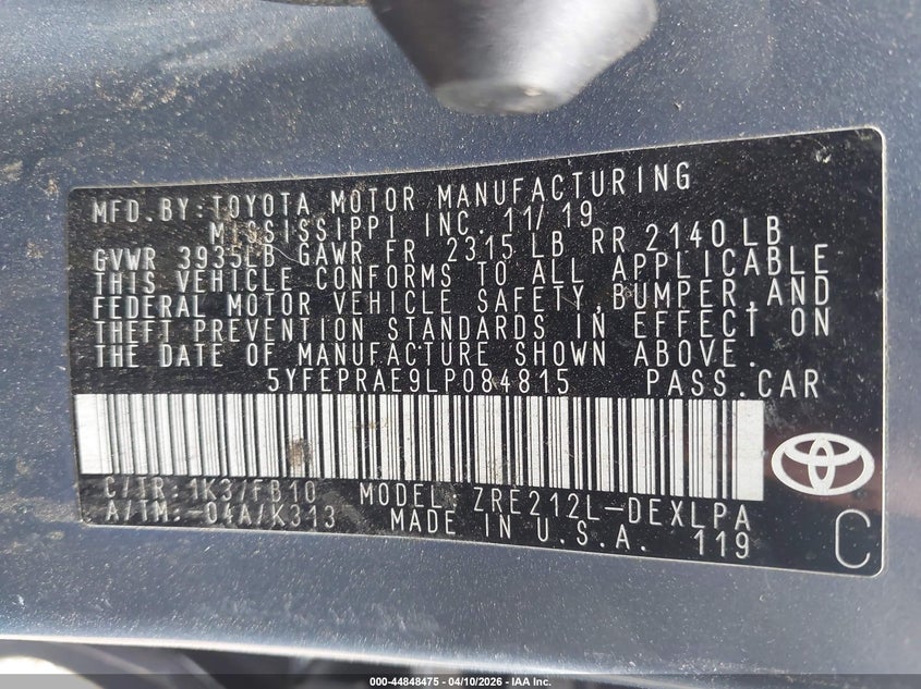 2020 Toyota Corolla VIN 5YFEPRAE9LP084815 IAAI salvage auction — BIO HAZARD, Clear (Oklahoma), sold $2,150 on 2026-07-15 (photo 9)