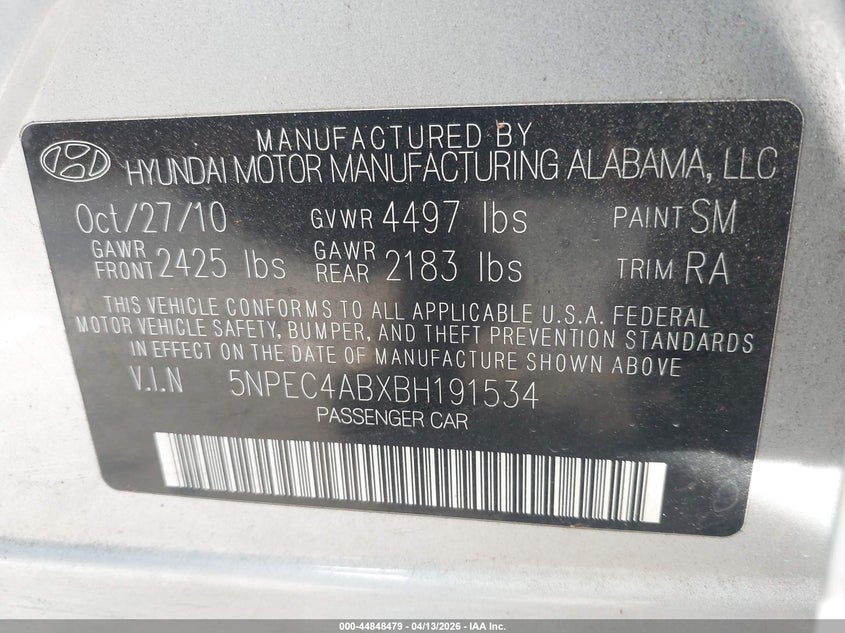 2011 Hyundai Sonata VIN 5NPEC4ABXBH191534 IAAI salvage auction — ROLLOVER, Bill Of Sale (Georgia), sold $325 on 2026-07-24 (photo 9)