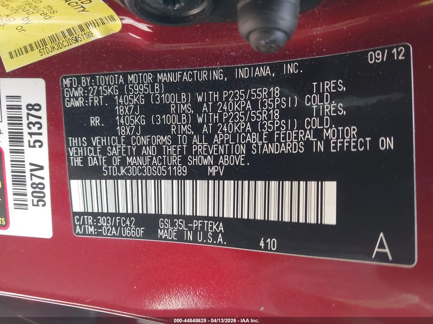 2013 Toyota Sienna VIN 5TDJK3DC3DS051189 IAAI salvage auction — FRONT END, Salvage (Georgia), sold $1,550 on 2026-07-10 (photo 9)