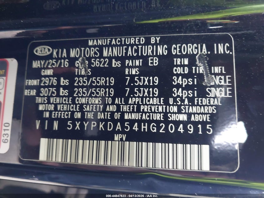 2017 Kia Sorento VIN 5XYPKDA54HG204915 IAAI salvage auction — REAR END, Salvage (North Carolina), sold $2,700 on 2026-07-06 (photo 9)