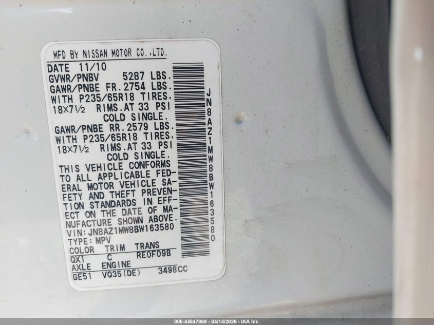 2011 Nissan Murano VIN JN8AZ1MW8BW163580 IAAI salvage auction — FRONT END, Salvage - Greater Than 75% (Maryland), sold $775 on 2026-07-06 (photo 9)