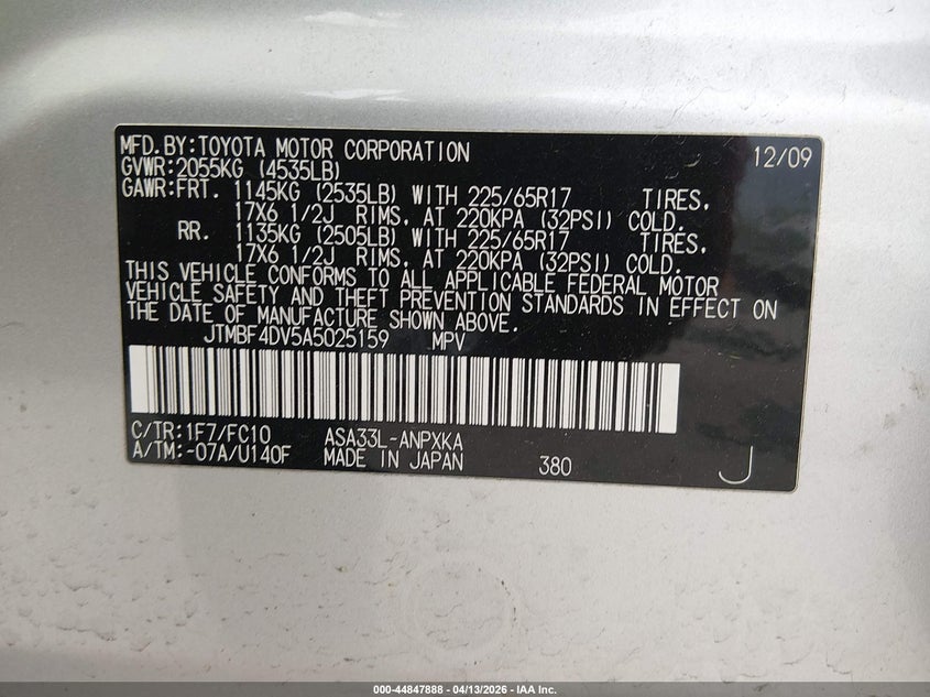 2010 Toyota Rav4 VIN JTMBF4DV5A5025159 IAAI salvage auction — FRONT END, Salvage (Kentucky), sold $1,000 on 2026-07-13 (photo 9)