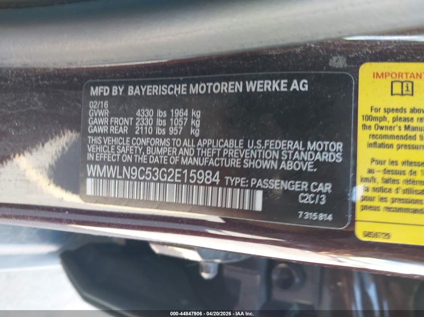 2016 Mini Clubman VIN WMWLN9C53G2E15984 IAAI salvage auction — REAR END, Salvage Title, sold $2,000 on 2026-07-09 (photo 9)