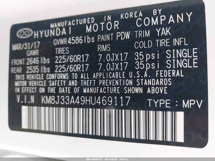 2017 Hyundai Tucson VIN KM8J33A49HU469117 IAAI salvage auction — FRONT & REAR, Wait Title, sold $4,000 on 2026-07-16 (photo 9)