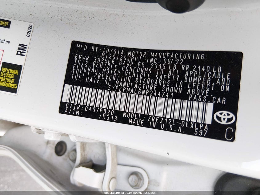 2022 Toyota Corolla VIN 5YFEPMAE6NP344741 IAAI salvage auction — FRONT END, Clear (Kansas), sold $4,900 on 2026-07-22 (photo 9)