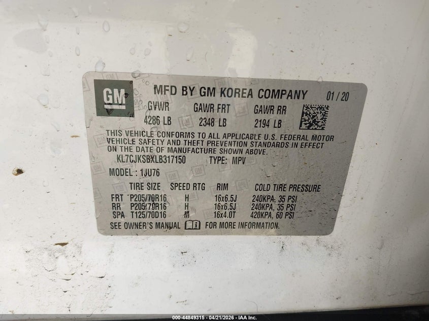 2020 Chevrolet Trax VIN KL7CJKSBXLB317150 IAAI salvage auction — FRONT END, Salvage (Ohio), sold $2,200 on 2026-07-09 (photo 9)