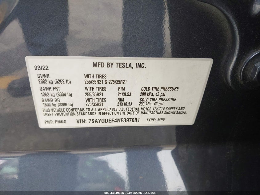 2022 Tesla Model y VIN 7SAYGDEF4NF397081 IAAI salvage auction — RIGHT REAR, Salvage Title, sold $9,300 on 2026-07-14 (photo 9)