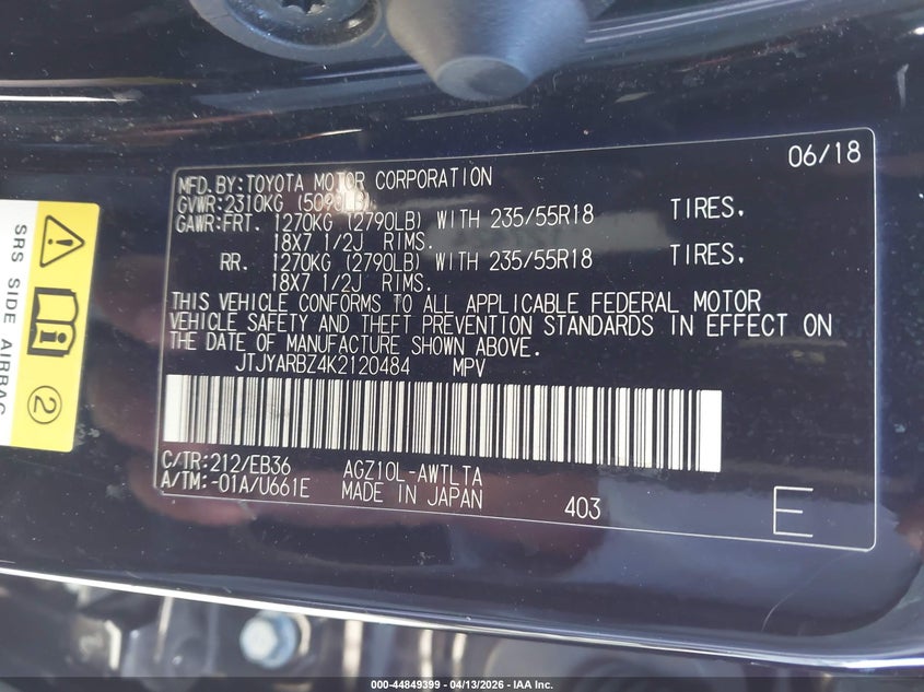 2019 Lexus Nx VIN JTJYARBZ4K2120484 IAAI salvage auction — RIGHT SIDE, Salvage Title, sold $6,400 on 2026-07-23 (photo 9)