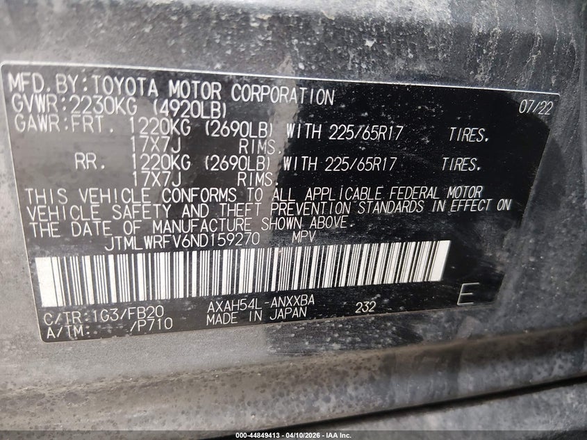 2022 Toyota Rav 4 VIN JTMLWRFV6ND159270 IAAI salvage auction — REAR END, Salvage (Vermont), sold $11,250 on 2026-07-16 (photo 9)