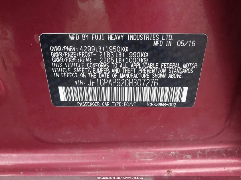 2016 Subaru Impreza VIN JF1GPAP62GH307276 IAAI salvage auction — FRONT END, Salvage Title, sold $500 on 2026-07-29 (photo 9)