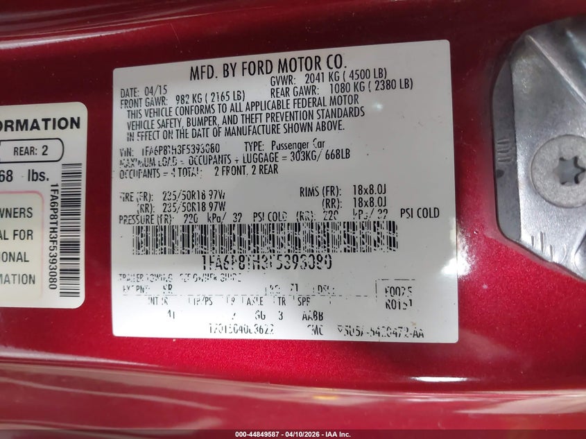 2015 Ford Mustang VIN 1FA6P8TH3F5393080 IAAI salvage auction — LEFT SIDE, Salvage (Colorado), sold $25 on 2026-08-22 (photo 9)