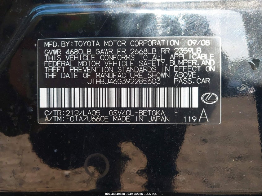 2009 Lexus ES VIN JTHBJ46G392285603 IAAI salvage auction — THEFT, Salvage (Alabama), sold $525 on 2026-07-15 (photo 9)