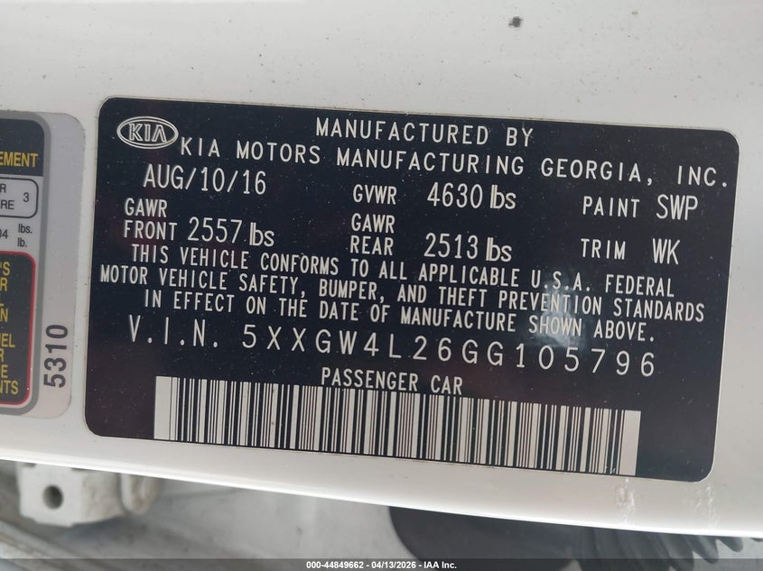 2016 Kia Optima VIN 5XXGW4L26GG105796 IAAI salvage auction — REAR END, Salvage Title, sold $2,125 on 2026-07-15 (photo 9)