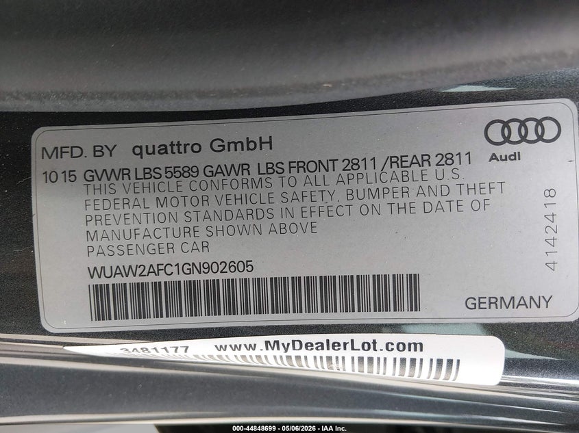 2016 Audi Rs7 VIN WUAW2AFC1GN902605 IAAI salvage auction — REAR END, Salvage (Idaho), sold $22,850 on 2026-07-09 (photo 9)