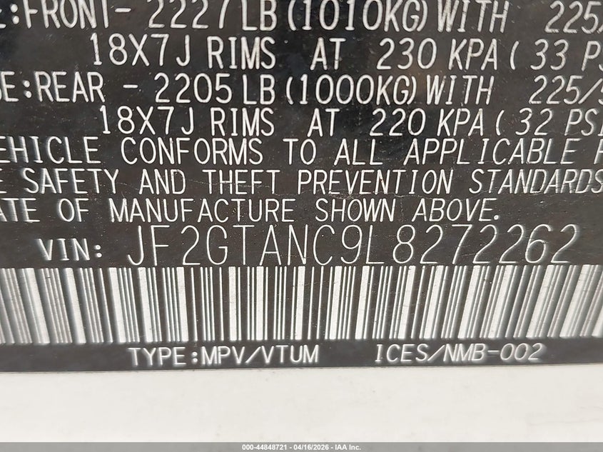 2020 Subaru Xv VIN JF2GTANC9L8272262 IAAI salvage auction — LEFT SIDE, Salvage Title, sold $7,025 on 2026-07-06 (photo 9)