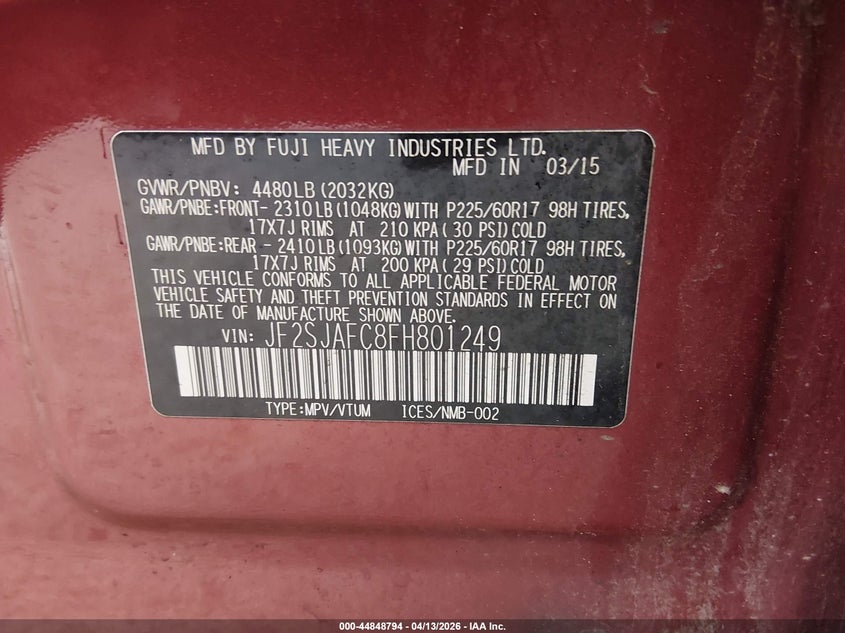 2015 Subaru Forester VIN JF2SJAFC8FH801249 IAAI salvage auction — RIGHT SIDE, Salvage (Idaho), sold $425 on 2026-07-30 (photo 9)