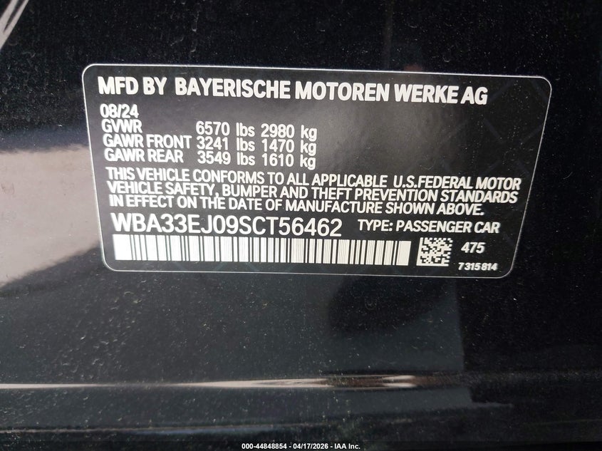 2025 BMW 7er VIN WBA33EJ09SCT56462 IAAI salvage auction — LEFT REAR, Salvage Title, sold $47,200 on 2026-07-13 (photo 9)