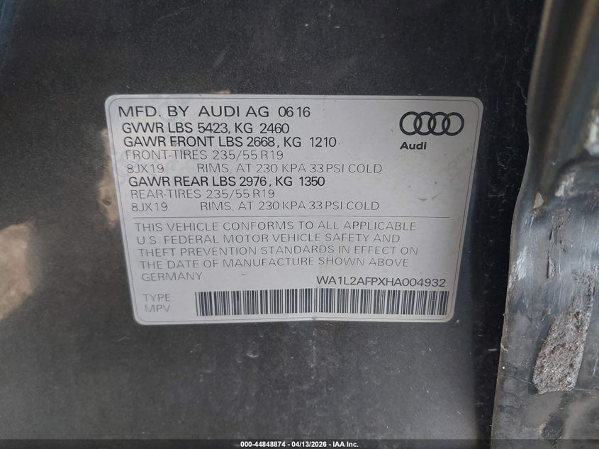 2017 Audi Q5 VIN WA1L2AFPXHA004932 IAAI salvage auction — LEFT & RIGHT, Clear (Indiana), sold $2,900 on 2026-07-28 (photo 9)
