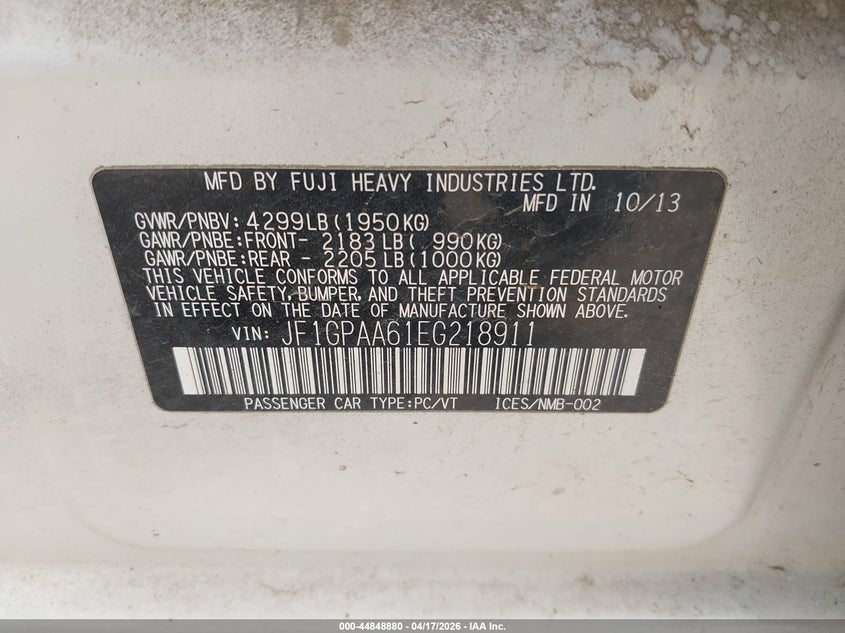 2014 Subaru Impreza VIN JF1GPAA61EG218911 IAAI salvage auction — FRONT & REAR, Salvage Title, sold $625 on 2026-07-14 (photo 9)