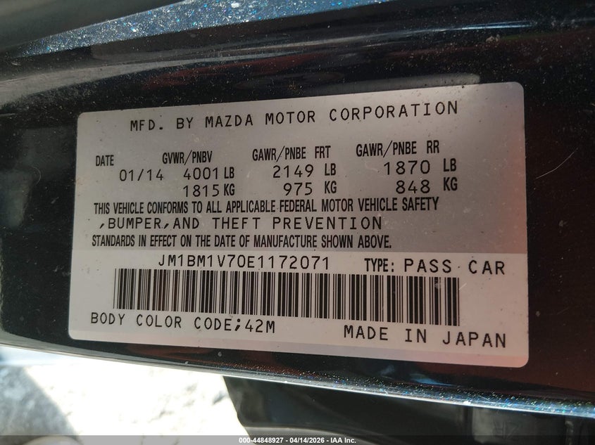 2014 Mazda 3 VIN JM1BM1V70E1172071 IAAI salvage auction — FRONT END, Wait Title, sold $775 on 2026-08-02 (photo 9)