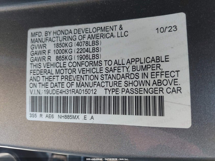 2024 Acura Integra VIN 19UDE4H31RA015012 IAAI salvage auction — RIGHT SIDE, Salvage - Greater Than 75% (Maryland), sold $9,050 on 2026-08-27 (photo 9)