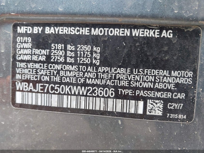 2019 BMW 5er VIN WBAJE7C50KWW23606 IAAI salvage auction — LEFT SIDE, Clear (Michigan), sold $10,975 on 2026-07-09 (photo 9)