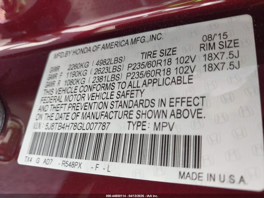 2016 Acura Rdx VIN 5J8TB4H78GL007787 IAAI salvage auction — FRONT END, Salvage Title, sold $1,650 on 2026-07-09 (photo 9)