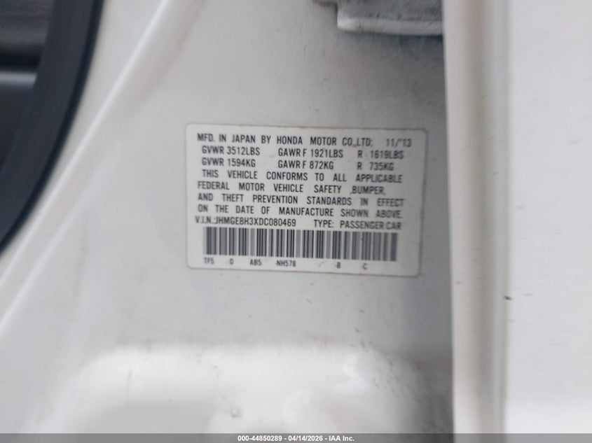 2013 Honda Fit VIN JHMGE8H3XDC080469 IAAI salvage auction — LEFT REAR, Original (Texas), sold $3,450 on 2026-07-07 (photo 9)