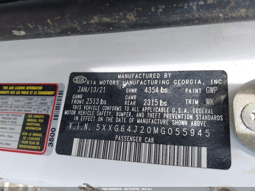 2021 Kia K5 VIN 5XXG64J20MG055945 IAAI salvage auction — WATER/FLOOD, Salvage (Texas), sold $2,975 on 2026-07-07 (photo 9)
