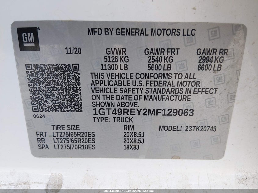 2021 Gmc SIERRA VIN 1GT49REY2MF129063 IAAI salvage auction — FRONT END, Wait Title, sold $11,600 on 2026-07-29 (photo 8)