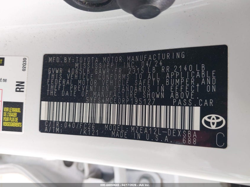 2024 Toyota Corolla VIN 5YFS4MCE0RP195127 IAAI salvage auction — SIDE, Original (Texas), sold $7,600 on 2026-07-09 (photo 9)